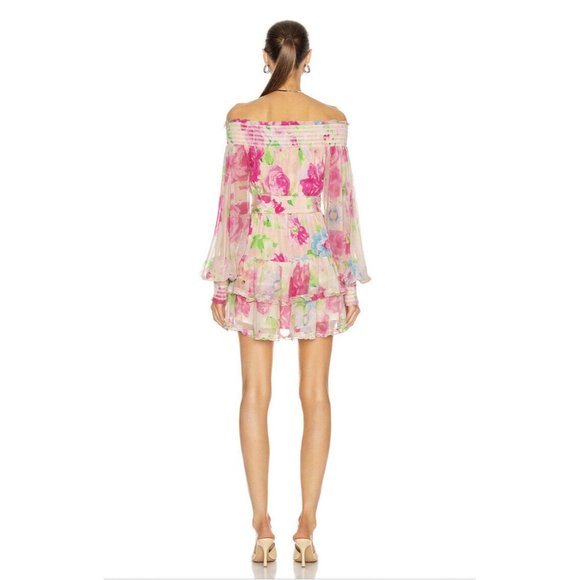 ROCOCO SAND Alora Mini Dress Multi Pink Floral Chiffon Off Shoulder - Picture 5 of 10